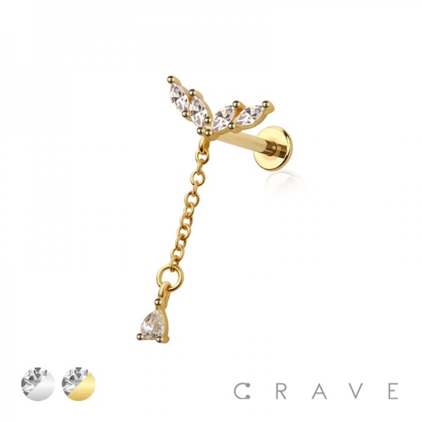 CZ MARQUISE V TEAR DROP CZ DANGLE CHAIN TOP 316L SURGICAL STEEL THREADLESS (PUSH IN ) LABRET SET